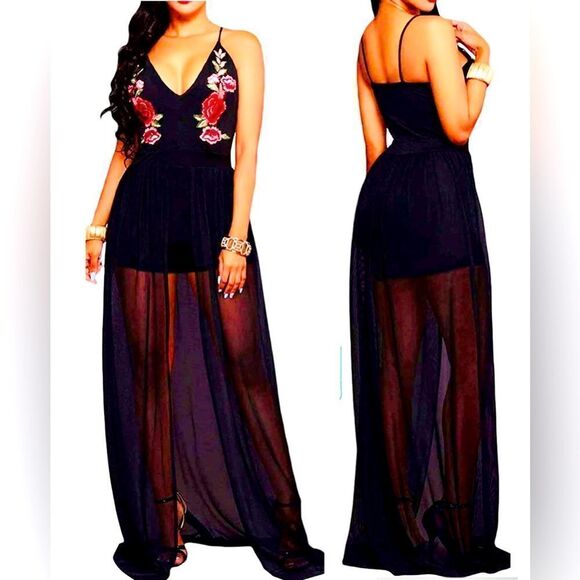 RED DOT BOUTIQUE 858 -Sheer Mesh Embroidery Chiffon Hi Low Maxi Dress Si… - Picture 1 of 10
